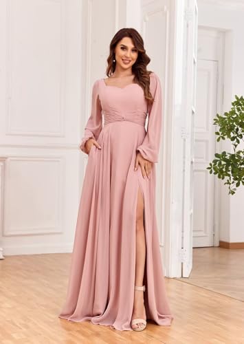 Sukleet Long Sleeve Bridesmaid Dresses with Slit A Line Pleated Chiffon Formal Evening Gowns for Women3