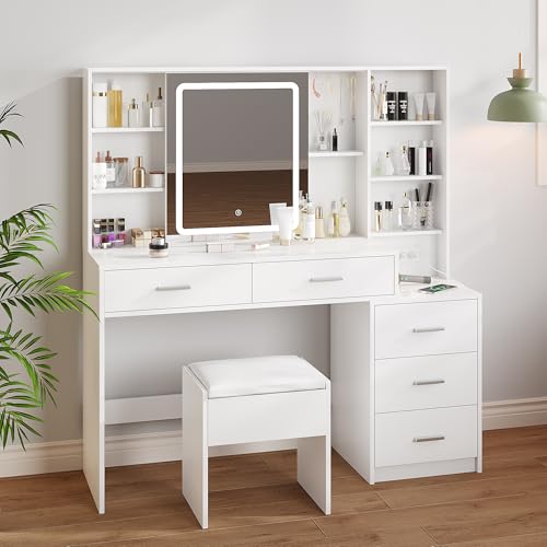 Maupvit Makeup Vanity with LED Lighted Sliding Mirror, White Vanity Desk with 5 Drawers, Charging Station & Hidden Storage Shelves, Adjustable Brightness, Dressing Table Stool Set for Bedroom