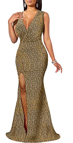 Image of Women's Sexy Long Sleeve Sparkly Maxi Dress V Neck High Slit Wrap Formal Gown Cocktail Glitter Maxi Long Dresses