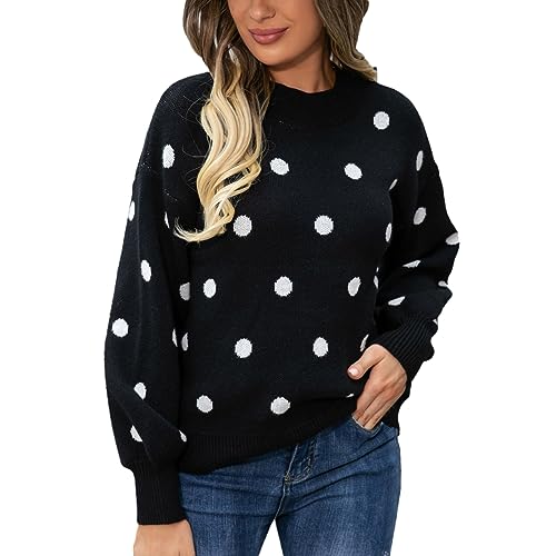 Womens Polka Dot Sweaters Knit Winter Fall Fashion Lightweight Comfy Long Sleeve Pullover Sweater Jumper Tops-Black-X-Large