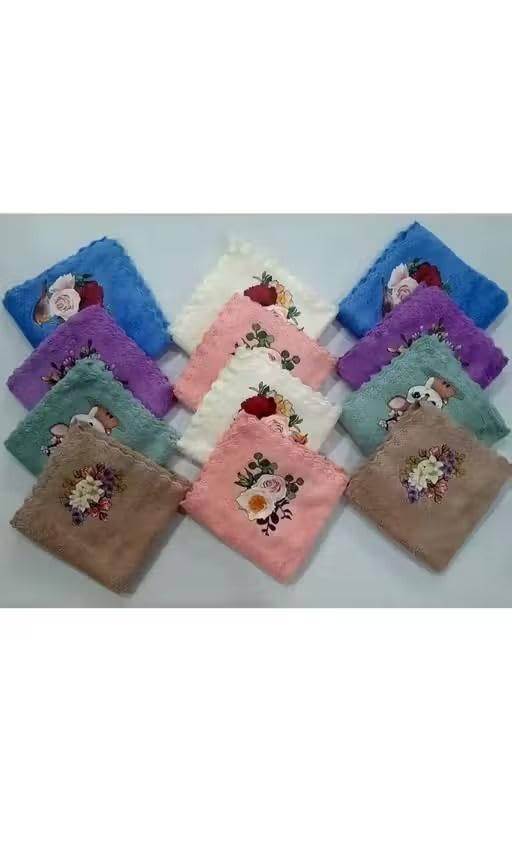 Floral Embroidered Face Towel Handkerchiefs, Pack of 10 | Lace Border, Soft Terry Cloth, Multicolour Set, Assorted Prints, Everyday Use-image-12