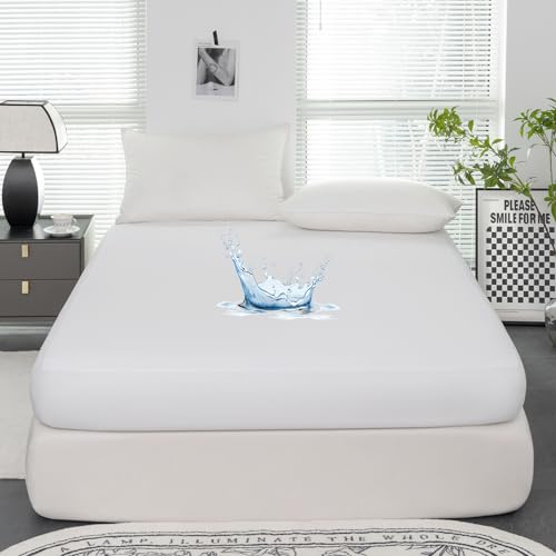 Oushebck Protector de colchón impermeable de 180 x 200 cm, sábana bajera ajustable, transpirable, protector de colchón para incontinencia, impermeable, protección contra la humedad, sábana bajera,
