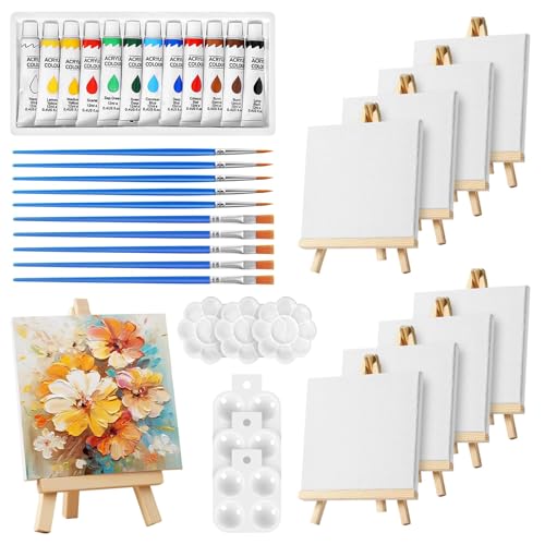44 Pcs Acrylic Paint Set For Adults & Kids Painting Includes 4X4 Inches Canvas Wooden Mini Easel Paint Brushes And Palette Sip Party Art Supplies