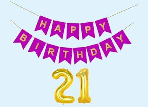 Image of 21st Happy Birthday Decoration Kit Purple for 21 year Old Boys Girls Men with Number Twenty-one Party Decorations Decor Celebration Items Item Set Combo Reusable Paper Banner