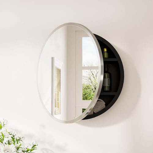 Image of Keonjinn 20 Inch Round Medicine Cabinet with Mirror, Brushed Nickel Surface Mount Medicine Cabinet for Bathroom, Framed Circular Bathroom Cabinet Wall Mounted, Round Vanity Mirror with Storage