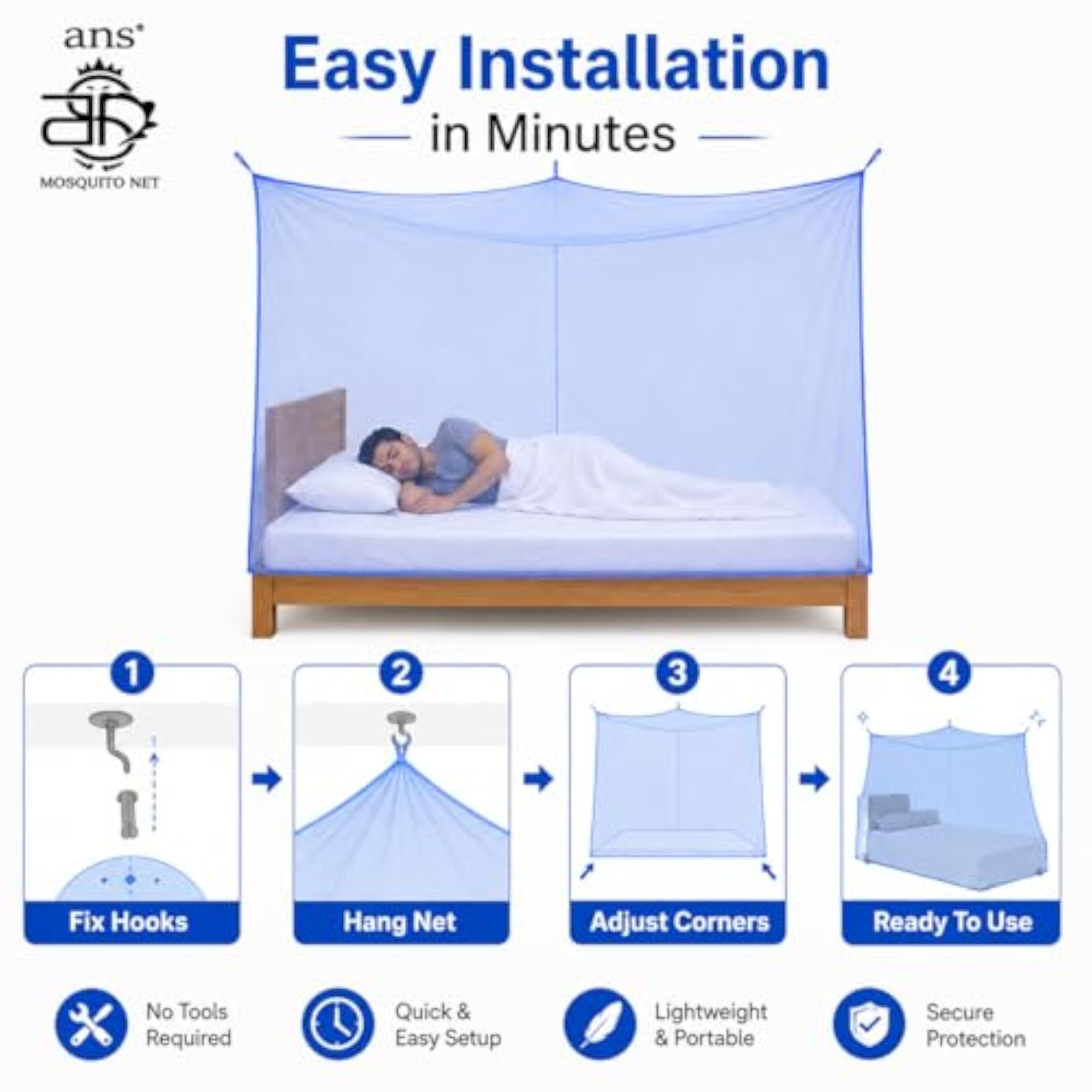 Mosquito Net for Single Bed, Blue HDPE Fine Mesh