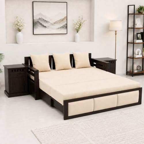 Image of SONA ART & CRAFTS Zeus Sheesham Wood 3 Seater Sofa Cum Bed with Bedside | Wooden 3 Seater Sofa for Living Room Wooden Furniture Sofa Bed for Home (Walnut Finish)