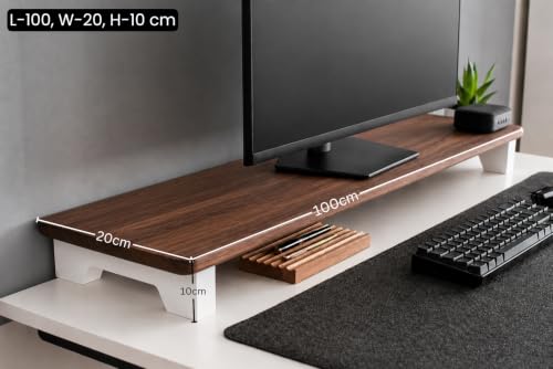 Image of 100cm Long Wooden Computer Monitor Stand, Monitor Riser Desk Shelf Desktop Stand TV Laptop Riser (Top Walnut, 100cm Long)