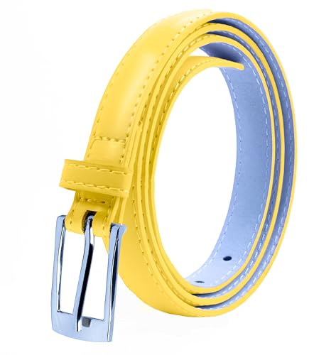 Belle Donne Belt Women, Skinny Dress Belts, Silver Polished Buckle, For Womens Clothes and Fine Dresses, Classy Style, Small, Yellow