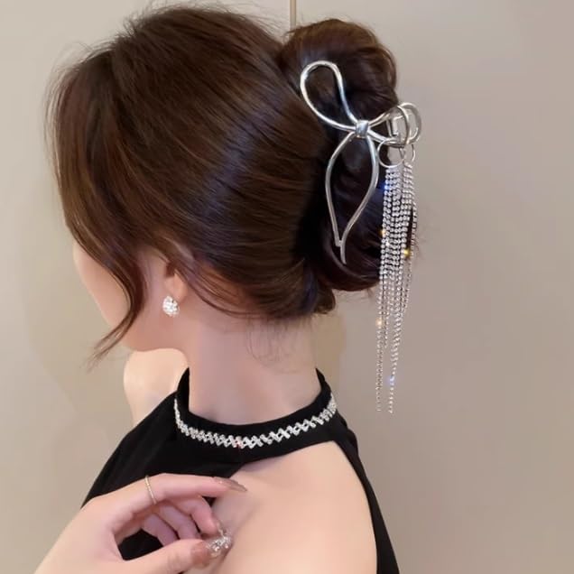 Tassel silver scrunchie clip back of hair card grip large retro shark volume female