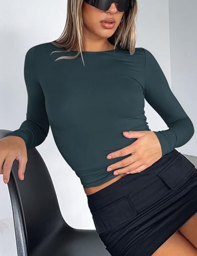 Image of AKEWEI Long Sleeve Crop Tops for Women 2 Pack Fall Going Out Outfits Cute Tight Basic Tees Shirt