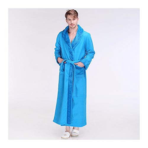 OMFGOD Los Hombres Tejidos De Franela Albornoz Invierno Espesamiento Alargamiento Térmicos Casual Pure Amantes Pijama,Cielo Azul,XL