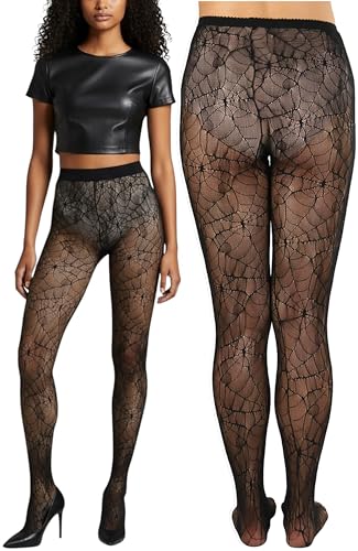 Image of ToBeInStyle Women's Spiderweb & Crawling Spider Print Hosiery Tights & Thigh High Stockings