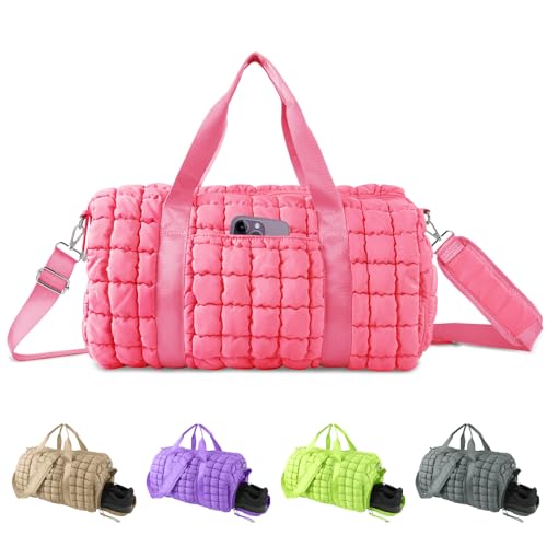Image of Quilted Travel Duffle Bag Gym Bag for Women,Large Puffer Duffle Weekender Bag with Compartment,Workout Overnight Carry on Organizer Bag Duffle Bag for Airplane Travel(L-Pink)