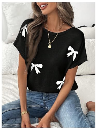 GORGLITTER Women's Bow Short Sleeve Sweater Lightweight Sweater Crew Neck Pullover Knit Tops4