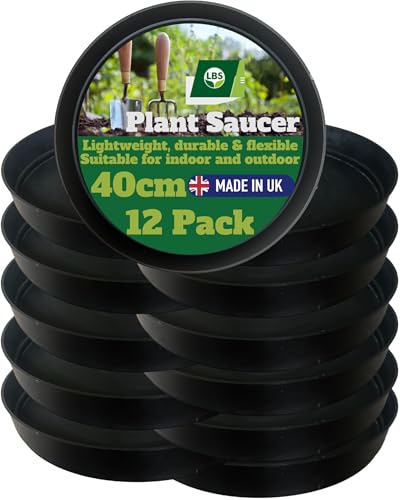 12 Pack Outdoor & Indoor Plant Pot Saucers – Frost & Crack Resistant. Durable Round Black Trays, High Rims, Lightweight And Reusable. UK Made. Prevent Surface Damage & Catch Excess Water. 40cm Diam.