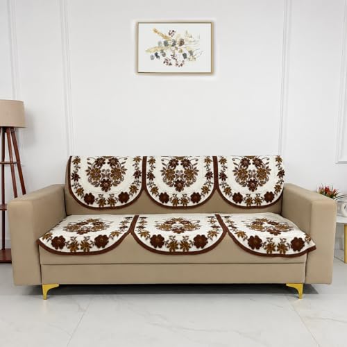 Image of Homerz Premium 'Surya Series' Sofa Cover | Stylish Sofa Protector | Net Fabric | Anti-Stain & Washable Slip Cover Exact Size Antislip (Daisy Brown, 5 (3+1+1) Seater, Seat Cover with Backrest)