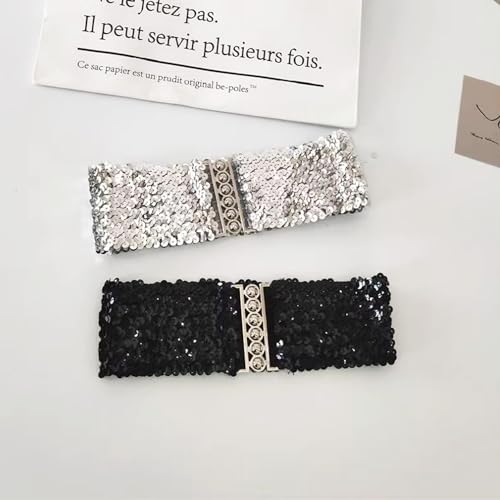 2 Pack Women Wide Elastic Belts Shiny Glitter Bling Sparkly Sequin Belt Retro Cinch Belt Waistband for 70s 80s Costume Party Disco Outfit Sparkle Flare Jumpsuit Halloween Cosplay Sequins Dress3