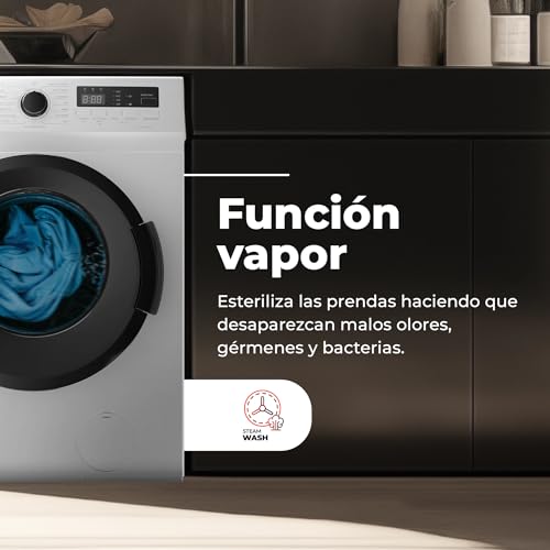 EVVO Lavadora 7kg, Vapor, Clase A, Motor Inverter, Lavado Rápido 15', Estrecha 40cm Profundidad, Bajo consumo, 1400 rpm, 15 programas, Inicio Diferido, Carga frontal, Blanco, Terra (7Kg) - imagen 3