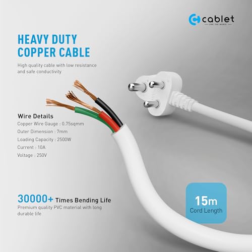 Image of Cablet Extension Board 15 Meter Cable | 2500W 10A | 4 Universal Multi Plug Socket with Individual Switches | 15 Meter Heavy Duty Cord | LED Indicator, Power Strip & Spike Guard for Home & Office Use