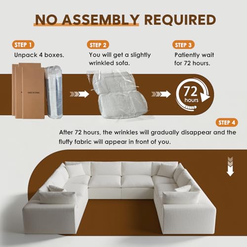 Image of 189 inch Boneless Cloud Couch, Modular Sectional Couches for Living Room, U Shaped with Deep Seats, No Assembly Required, 8 Seater Washable Fabric Sleeper Sofa, White