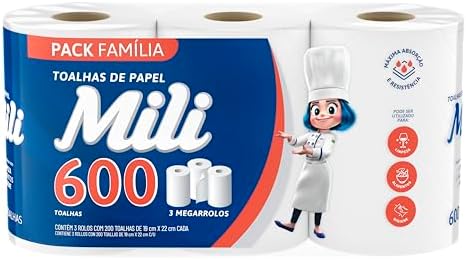 Mili Papel Toalha Folha Dupla, 3 Rolos de 200 Folhas