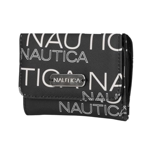 Image of Nautica Rower's End Small Wallet for Women, RFID Blocking Slim Credit Card Holder with Zipper Coin Pocket, Bifold Compact Womens Wallet with ID Window, Wave Dreamer Black /Chalk