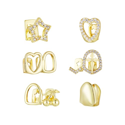 6PCs Grillz for Women Hip-Hop Punk Rhinestones Cross Grillz Hollow Out Heart Star tooth cap Gold Plated Silver Grills for Your Teeth