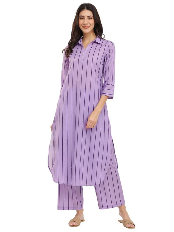 pink fort Women Casual Cotton Striped Shirt Collar Kurta Set | A-line Fit 3/4th Sleeves 2 Functional Pockets Kurta Ankle Length Flared Fit Pants-picture-30