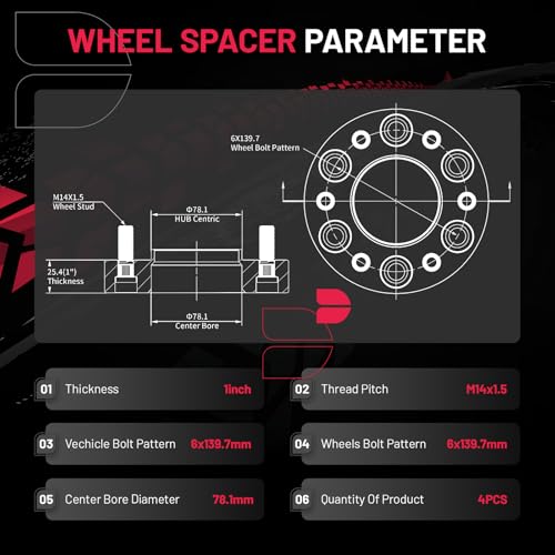 Image of BDFHYK 6x5.5 Wheel Spacers Thickness 1 Inch Compatible with Chevy 1999-2023 Silverado Sierra 1500 Avalanche 1500 Tahoe Yukon, 6x139.7mm 6 Lug M14x1.5 & 78.1mm Hub Bore Hubcentric Wheel Spacer