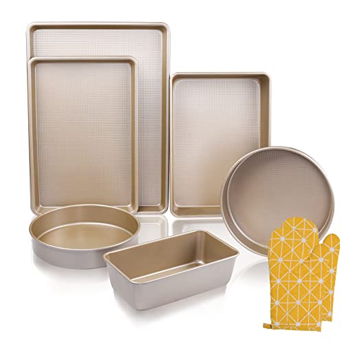 Kitcom Nonstick Bakeware Sets Textured 6-Piece With Cookie Sheet Set, Roasting Pan, Round Cake Pan, Loaf Pan, Heavy Duty Carbon Steel Premium Baking Pans, Champagne Gold #TOP8