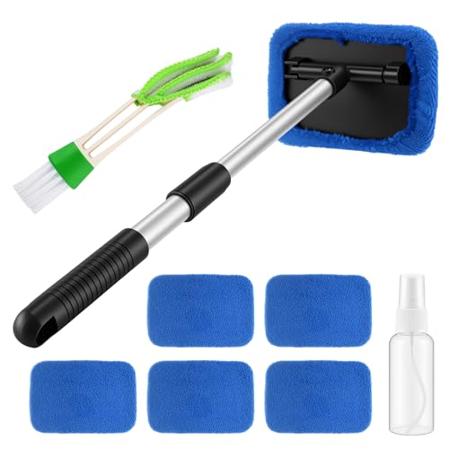 Wozzies Kit de Nettoyage Pare-Brise Voiture - Nettoyant pour Pare-Brise avec 6 Tampons Microfibres, Manche Télescopique Extensible et Tête Pivotante 180°...