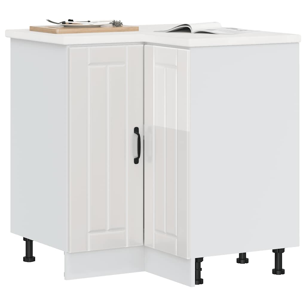 Lucca - Mobiletto angolare da cucina in legno bianco lucido, 75,5 x 75,5 x 81,5 cm, con piedini regolabili, spazio per cucina e sala da pranzo, autoportante, salvaspazio