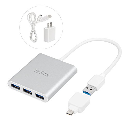 WEme Aluminum 4 Port USB 3.0 Hub With Smart Charging Port for Phone and USB OTG Converter and 5V2A Power Adapter for Samsung, LG, HTC, Motorola, Smartphone Tablet, PC, USB Wall Charger Included