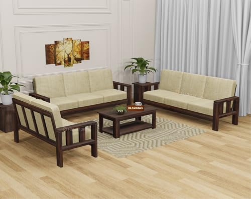 Image of KL Furniture Wooden Sofa Set for Living Room | Wooden 8 Seater Sofa Set for Home| Solid Wood Sofa Set (3+3+2 Walnut Finish)
