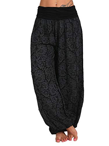 Minetom Femme Harem Pantalon Yoga Sarouel Legers Hippie Baggy Léger Ethnique Calqué Smockée Taille Haute avec Poches Été Plage Pantalon Aladin Jogging Noir L