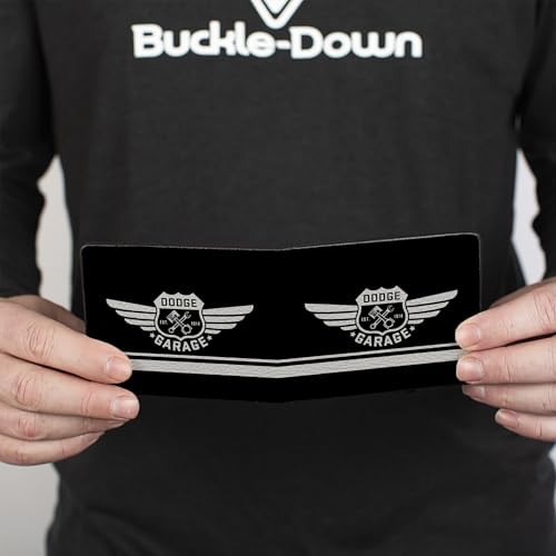 Buckle-Down Men's PU Bifold Wallet-Dodge Garage Emblem Stripe Black/Light Gray, Multicolor, 4.0" x 3.5"4