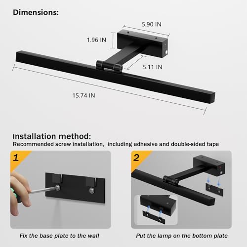Image of Rechargeable Picture Light,15.74 Inch Battery Operated Wall Mounted Art Lamp with Remote,4000mAh Long Lasting,3 Color Dimmable Timer,270 Adjustable Gallery Poster Light(Black)