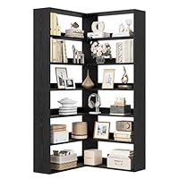 IRONCK Corner Shelf 6 Tiers, 180cm Tall Corner Bookshelf, L-Shaped Bookcases Free Standing with Baffles, Wooden Book Shelf, Storage Display Rack, Shelving Units for Living Room Bedroom Office (Black)