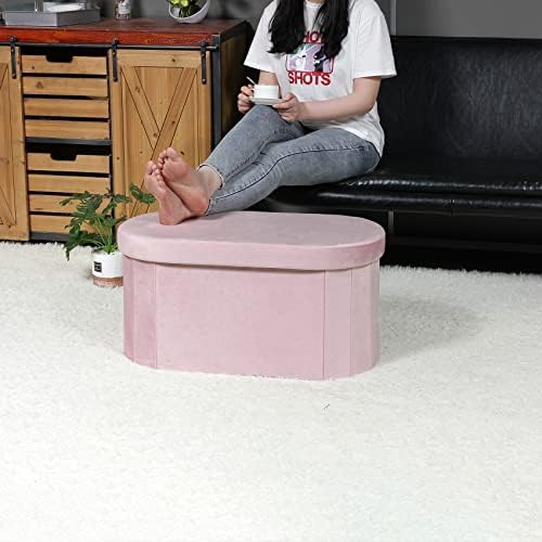 Bonlife Pink Velvet Ottoman Storage Bench with Seat,Foldable Stool Living Room Furniture,Oval Large Toy Box Storage Chest with Lid,76x38x38cm