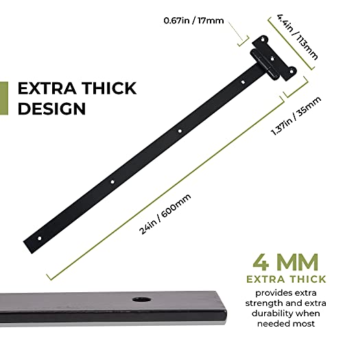 Diyworld 24" Black Door Hinges – 2Pcs Gate Hinges With 14 Mounting Screws – Heavy Duty 4Mm Thick Iron Construction With Black Powder Coating – Ideal For Gates, Sheds, Barns #TOP2