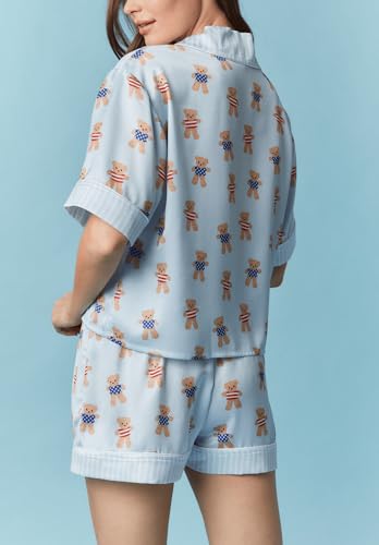 Image of Argeousgor Women 4th Of July Pajama Sets American Flag Short Sleeve Shirt and Shorts 2 Piece Independence Day Pajamas Set