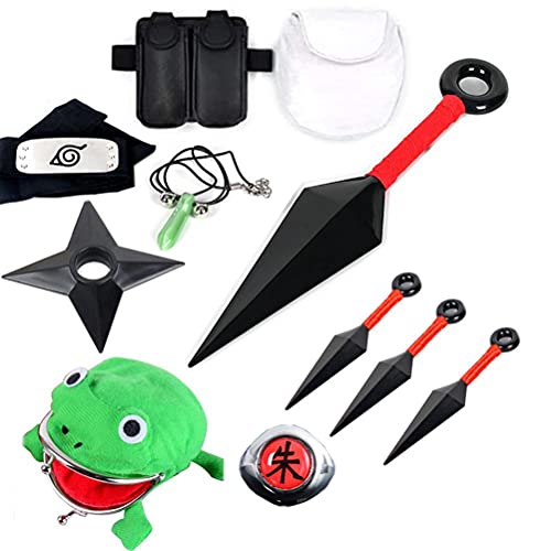 Naruto Leaf Village Logo Metal Plated Headband Forehead Protector Kakashi Face Mask Black Veil, Kunai, Hokage Veil Konoha Glove 8 PCS Set for Unisex Naruto Fans Cosplay Costume Accessories