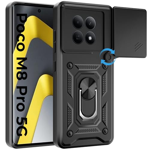 Image of A rtistque Armor Bumper Back Cover Case for Poco M8 Pro /Redmi Note 15 Pro 5G | Ring Holder Stand | Sliding Camera Protection | Shockproof Heavy Duty Design | Poco M8 Pro Back Cover - Black