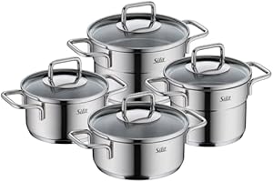 Silit Extra Cook Kochgeschirr-Set 4-teilig, Kochtöpfe 12/14 cm mit Glasdeckel, Innenskalierung, breiter Schüttrand, Crominox-Edelstahl, kleine Portionen, platzsparend stapelbar, tropffrei