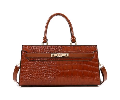 Women PU Leather Handbag Retro Crocodile Print Large Capacity Satchel Ladies Stylish Top Handle Crossbody Shoulder Bag