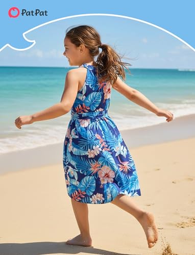 Image of PATPAT Family Hawaiian Matching Outfits - Mommy and Me Vacation Outfits | Halter Sundresses and Button Down Shirts,Caribbean Vacation Summer Tropical Outfits,Hawaiian Boho Tropical Floral Printed