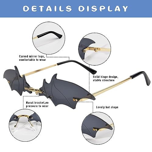 QZUnique Halloween Bat/Heart Sunglasses for Women - 2 Pairs Halloween Rimless Glasses Devil Heart Sunglasses Goth Accessories4