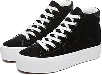 THATXUAOV Womens Corduroy High Top Sneakers,Casual Platform Shoes for Women,Lace up Platform Tennis Shoes(Black.US9)