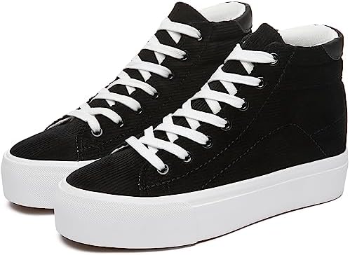 THATXUAOV Womens Corduroy High Top Sneakers,Casual Platform Shoes for Women,Lace up Platform Tennis Shoes(Black.US9)